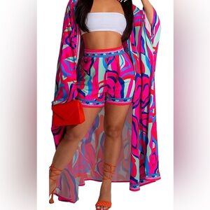 Vibrant Multicolor Kimono and Shorts Set